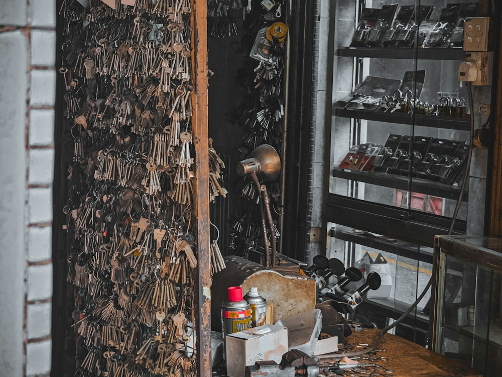 Key wall and lock tools in a locksmith workshop