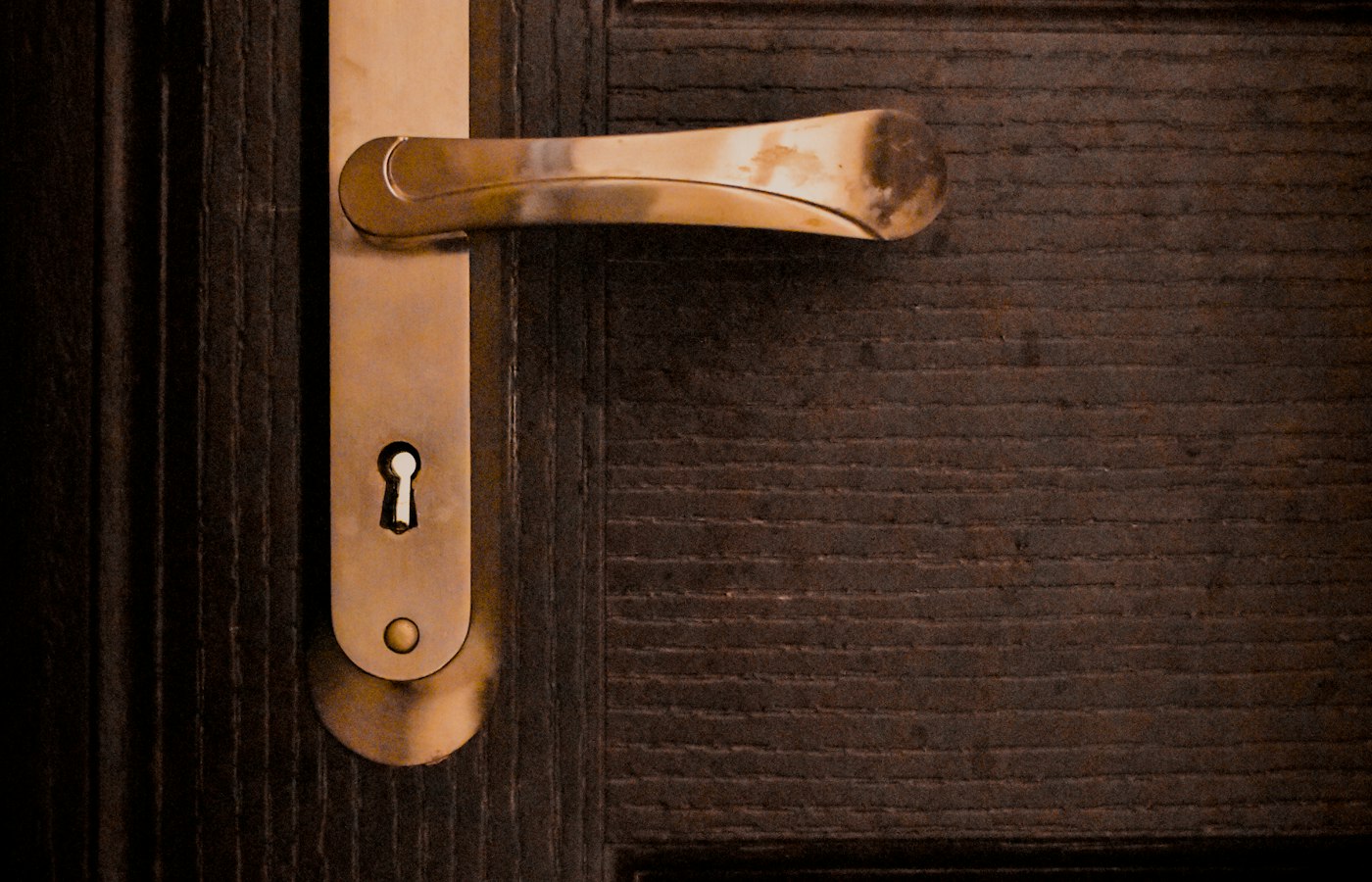 Brass door lock hardware on a wooden door